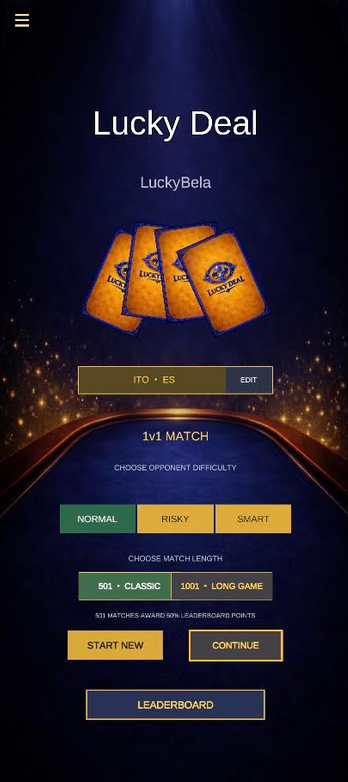 LuckyBela mobile menu with opponent difficulty, match length, Start New, Continue and Leaderboard controls